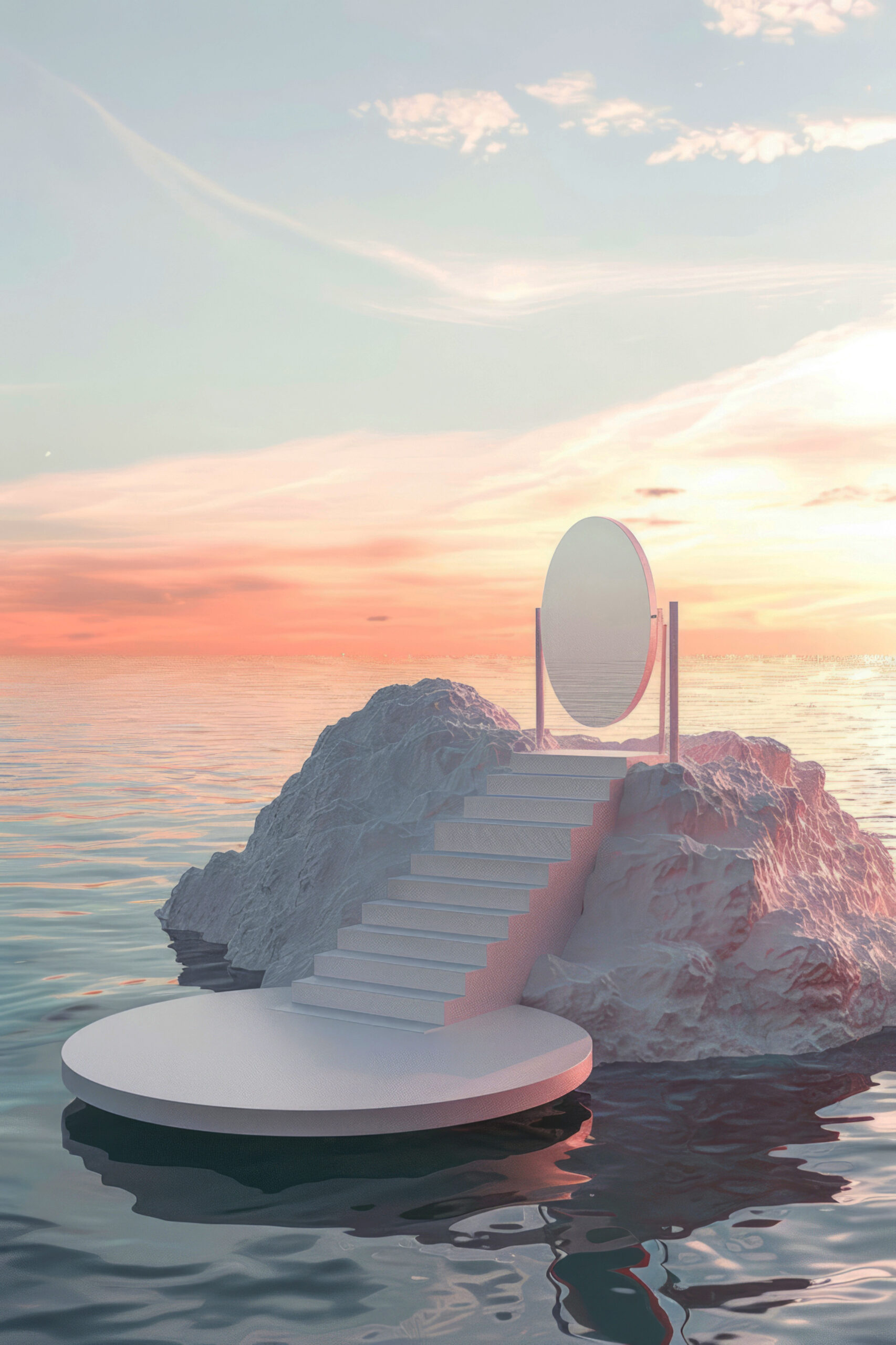 Minimalist stone in the sea with mirror and steps, featuring pink tones, symbolizing eco-friendly design.