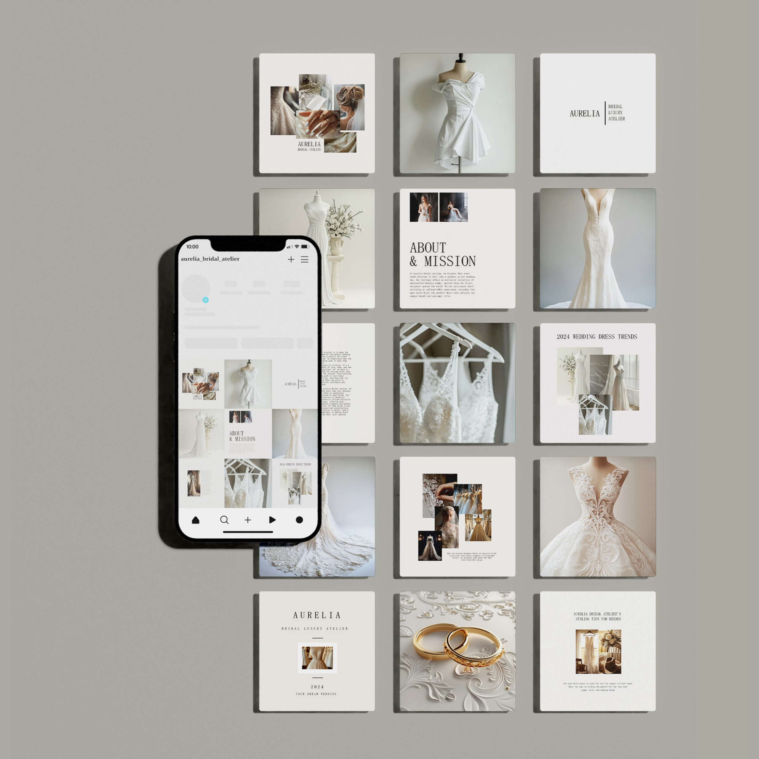 Social media strategy visuals for a luxury bridal atelier, showcasing timeless elegance and modern sophistication.