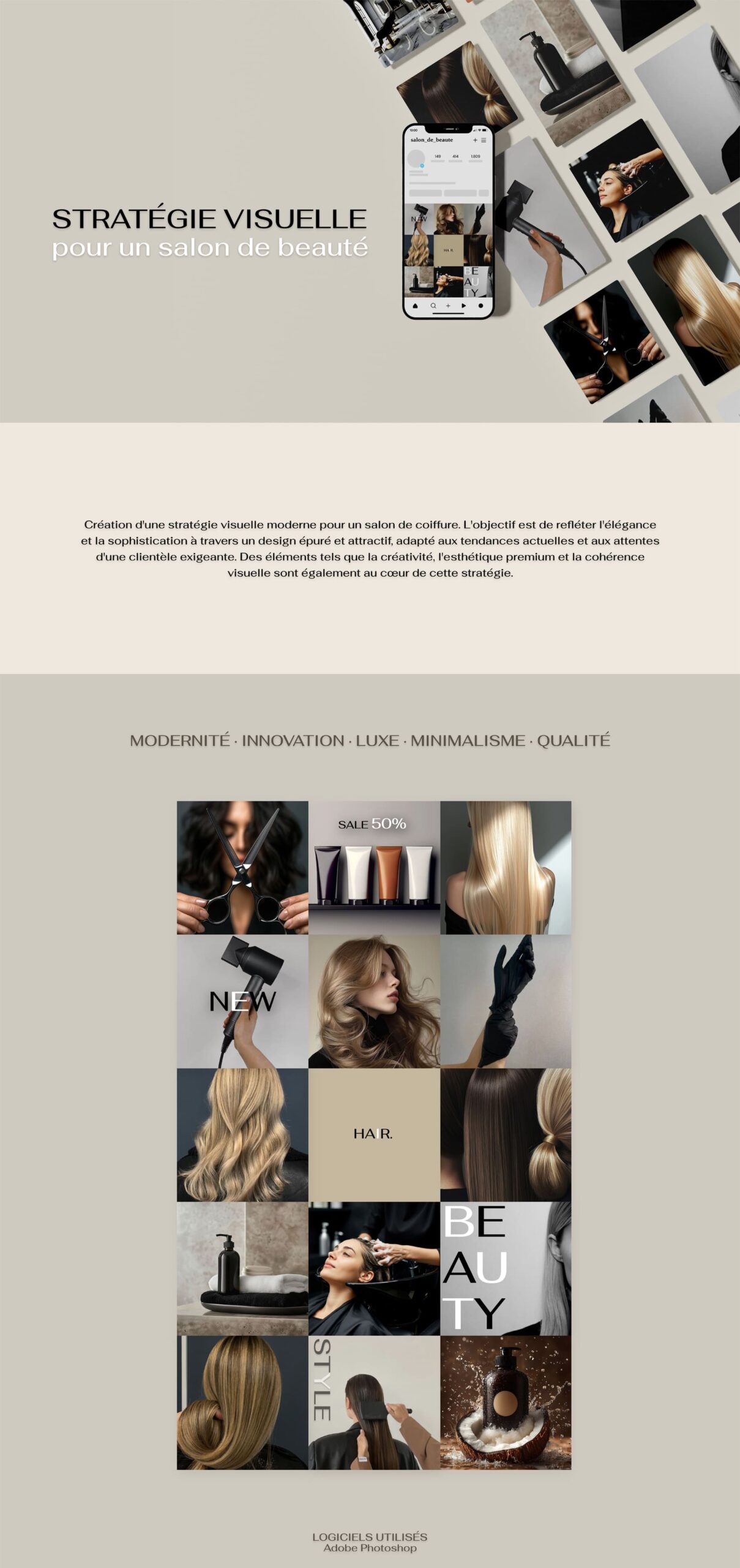 Visual strategy for a beauty salon, showcasing elegance and sophistication through modern design elements.