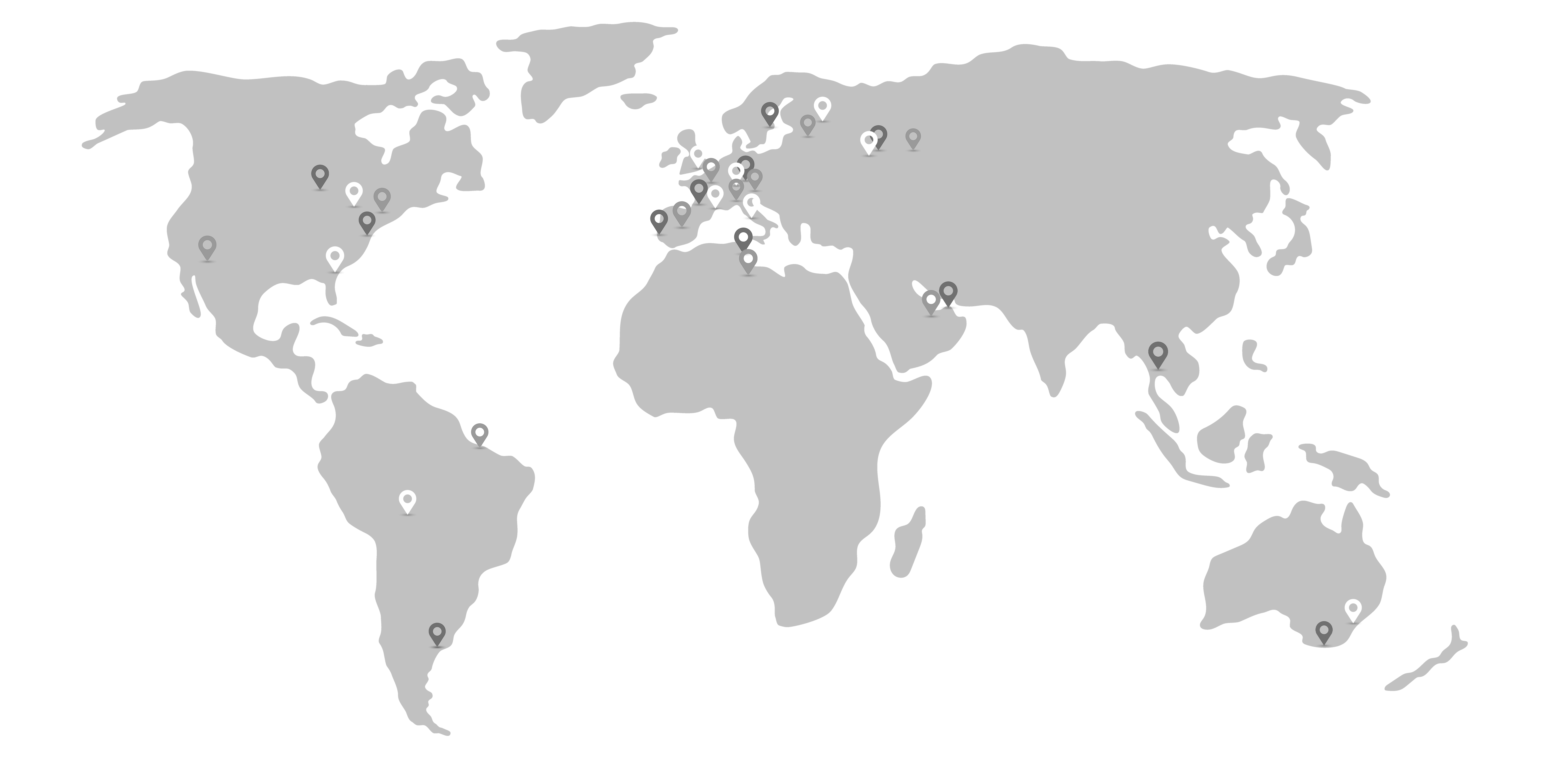 World map showcasing client locations with highlighted points for global design projects.